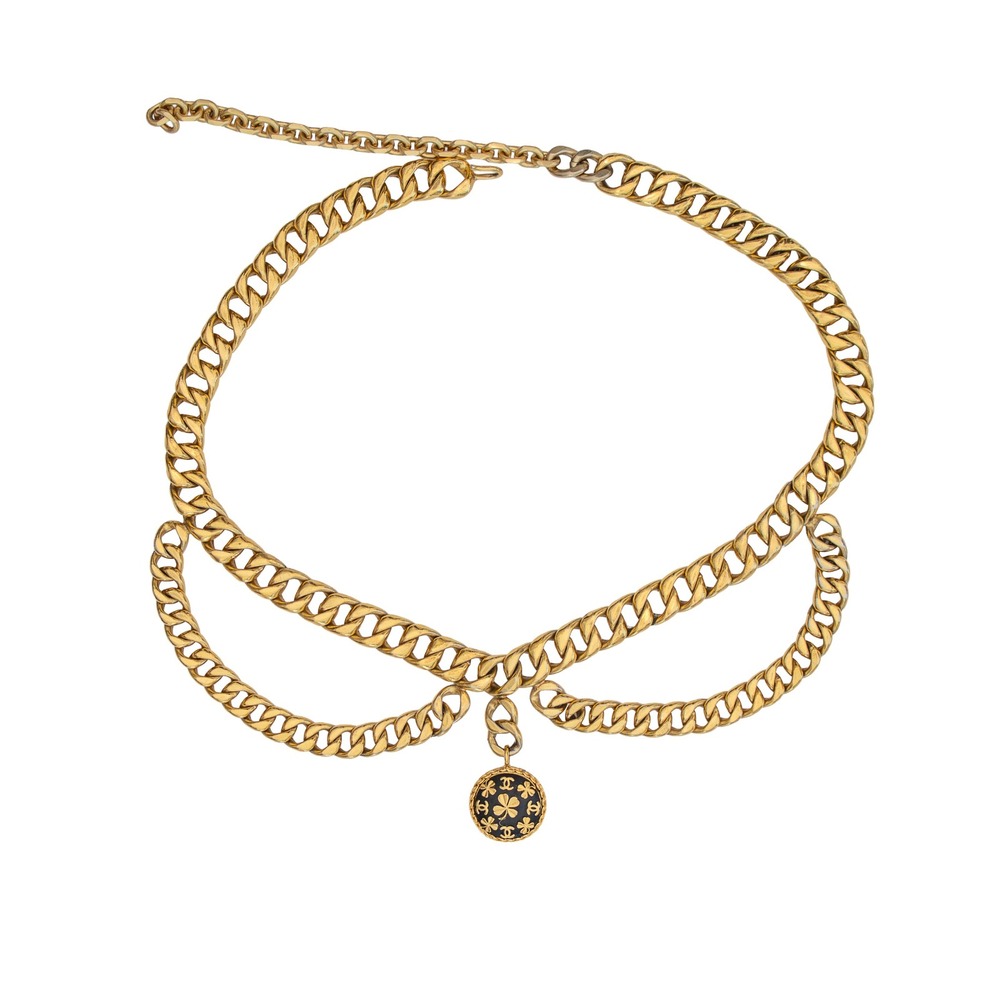 RARE Vintage Chanel Gold Tone Chain Belt CC Clover Medallion Adjustable 37" Belt